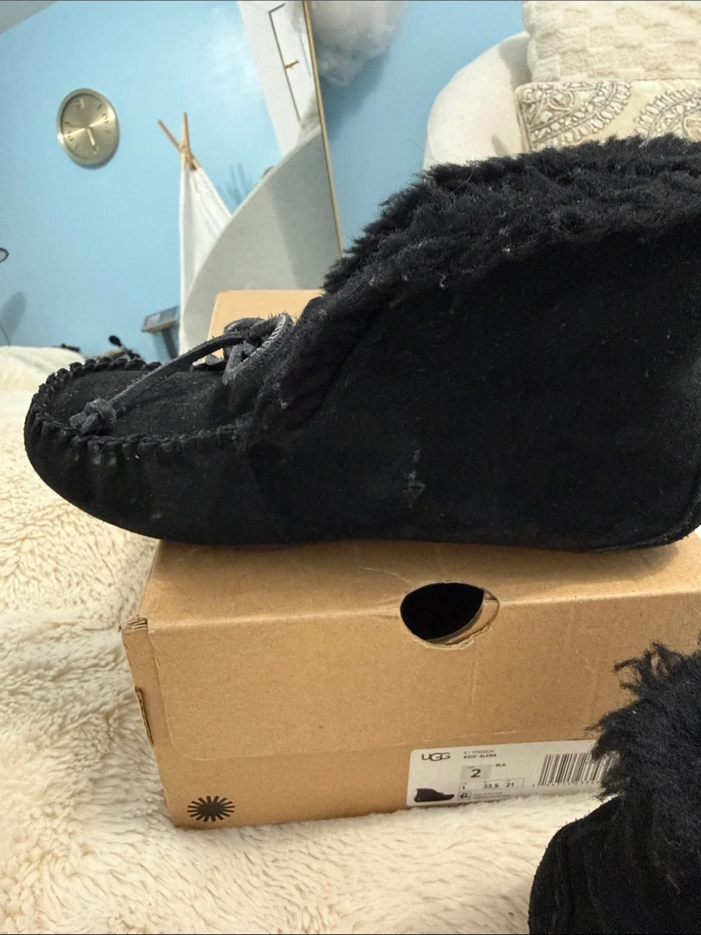 UGG Kids Black Suede Moccasin Slippers with Bow Accent